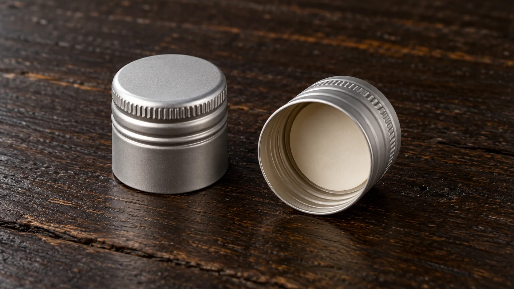 Two plain aluminum wine screw caps on dark wood, one turned over to show a blank liner disc, with no brand marks.