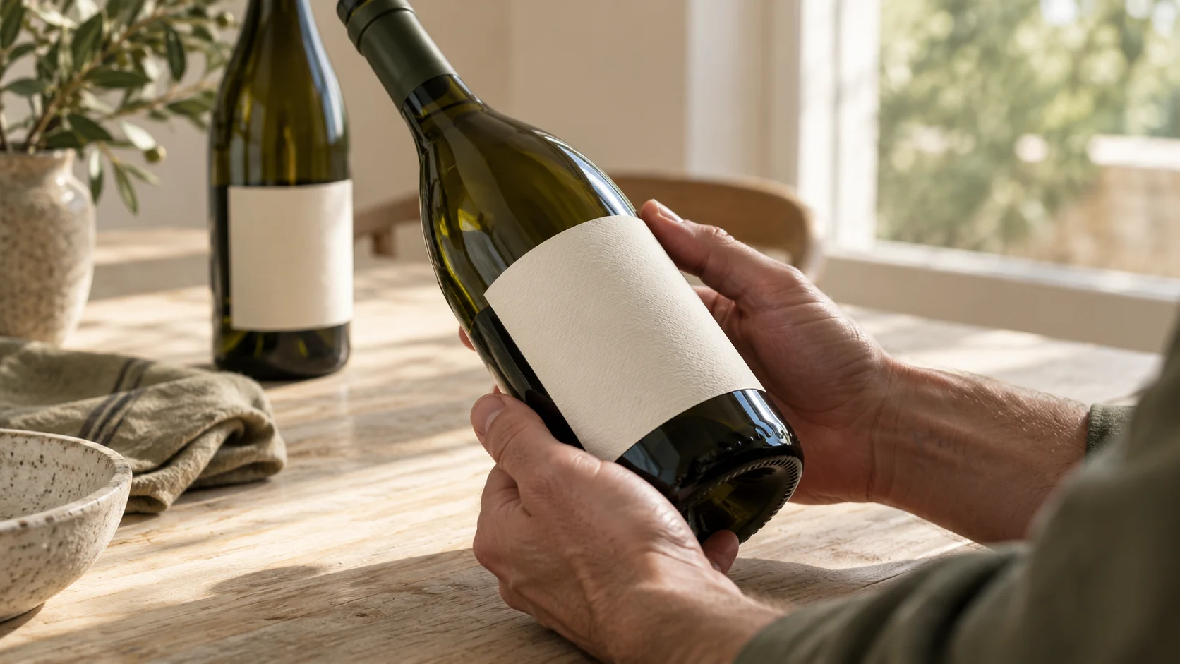 Hands turning a green wine bottle with a cream paper label beside a window